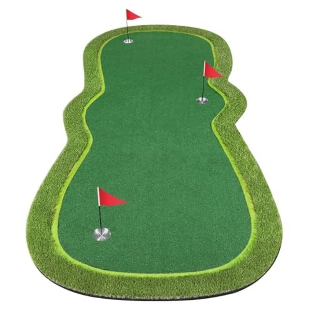 Green golf putting mat with three holes and red-flag cup markers, curved edges