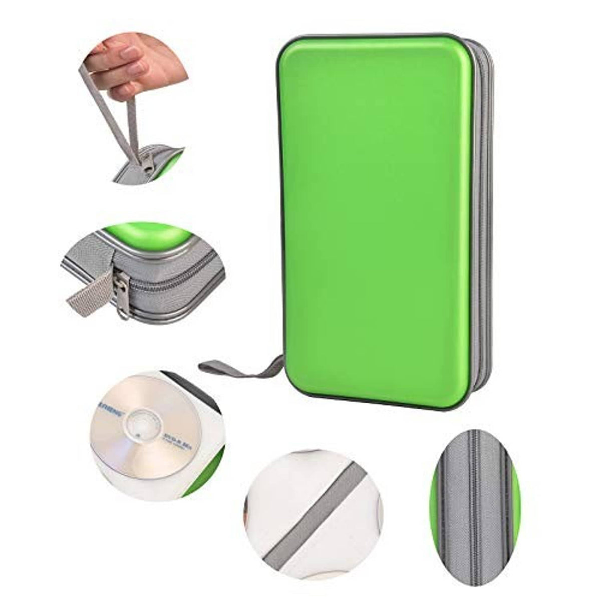Green hard plastic CD case with gray zipper and strap, close-up detail view