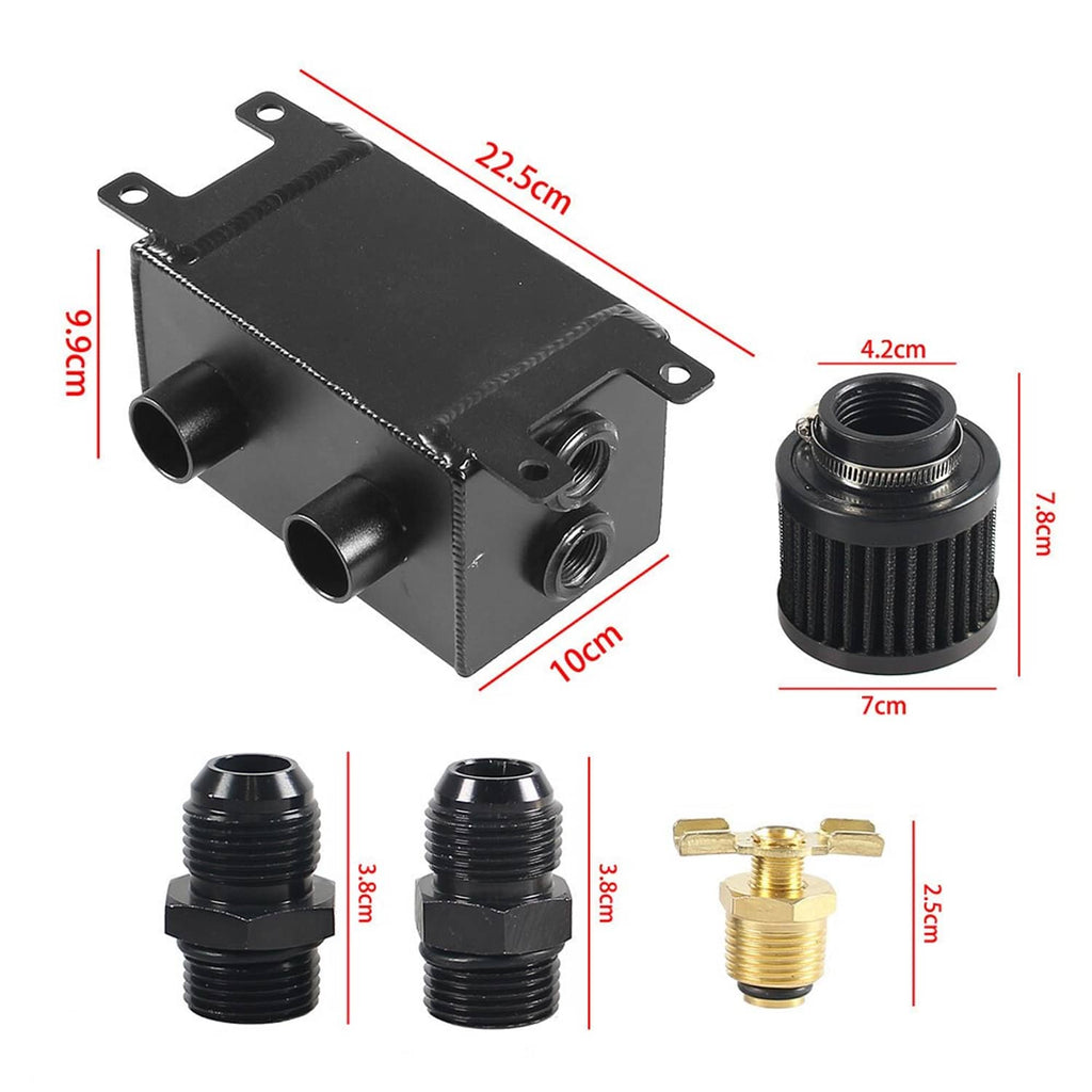Black oil catch can tank with dual filters and AN-style port fittings, angled view