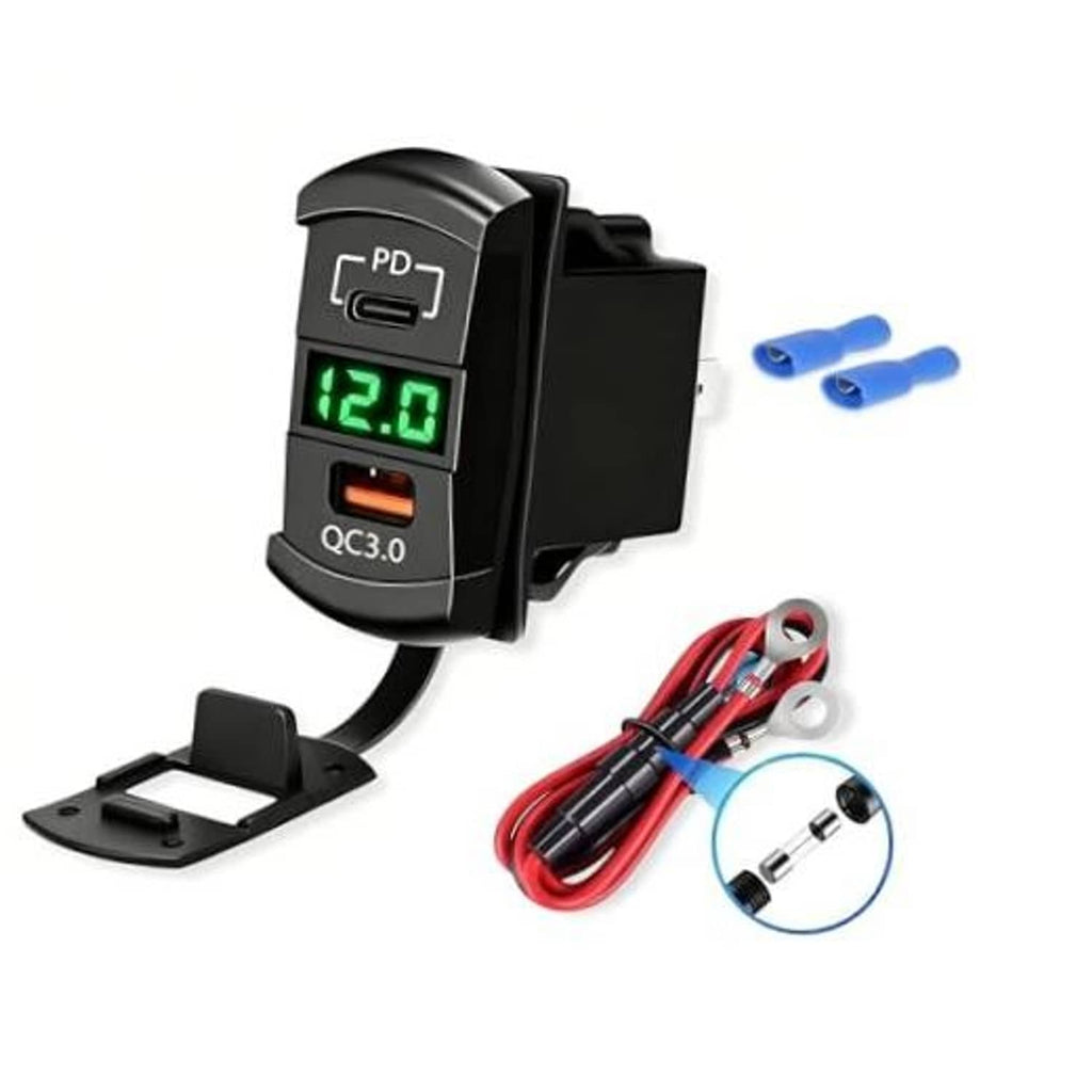 Dual-port USB rocker charger with green LED display and attached wiring bundle