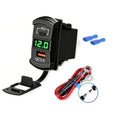 Dual-port USB rocker charger with green LED display and attached wiring bundle