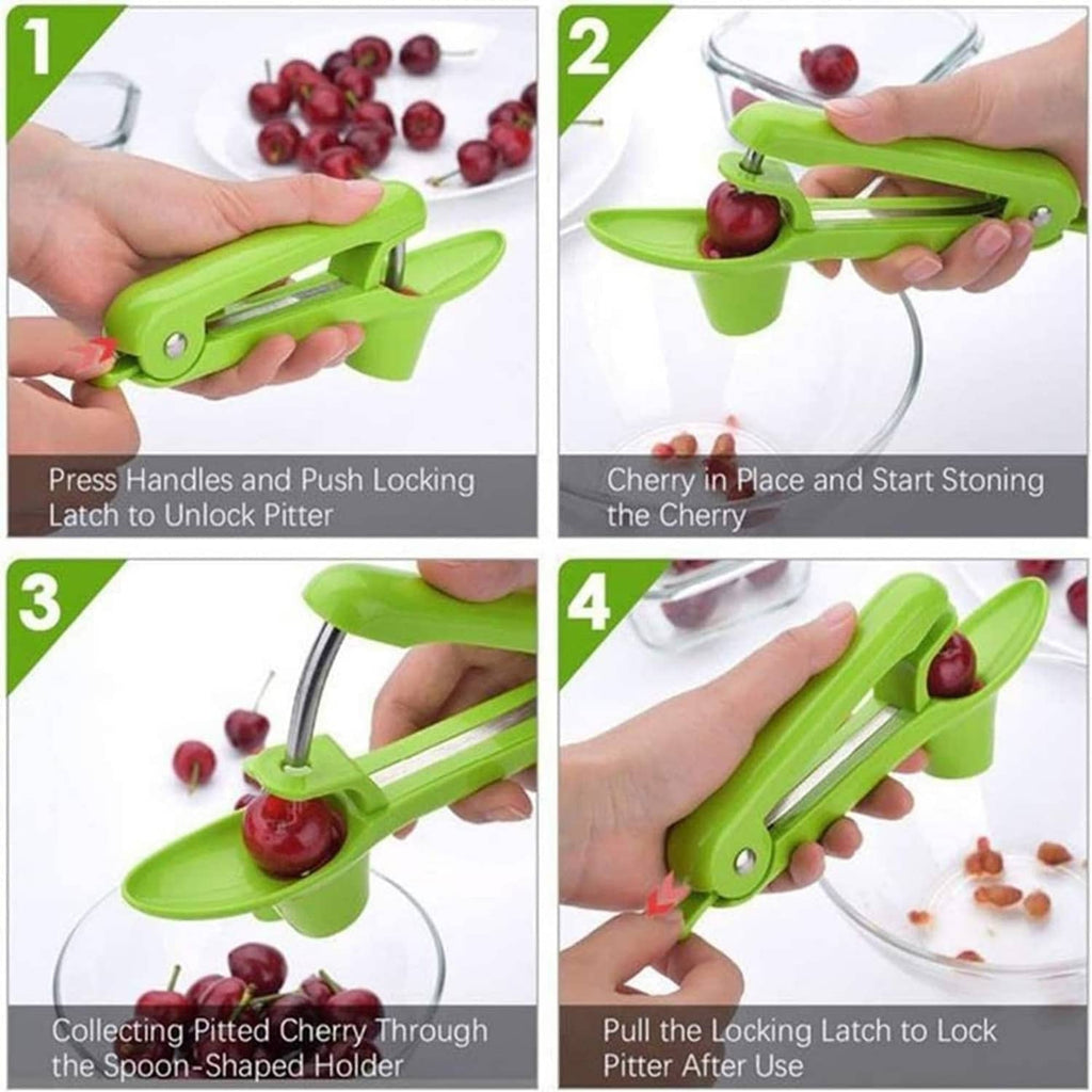 Green cherry pitter tool in use steps, cherries placed in cup and prongs pushed through