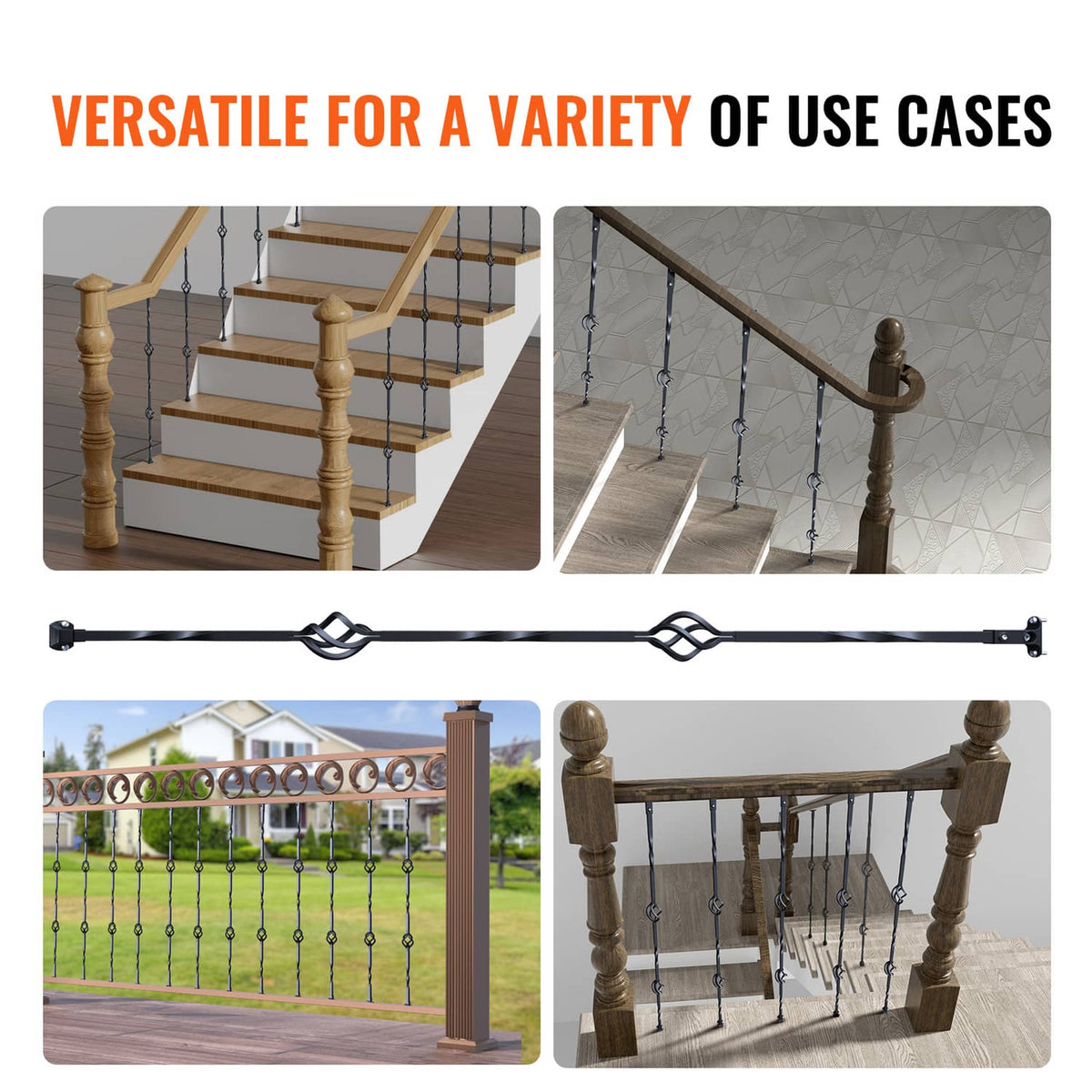 Black steel deck balusters for porch, stairs, and fence railings, decorative double-basket links