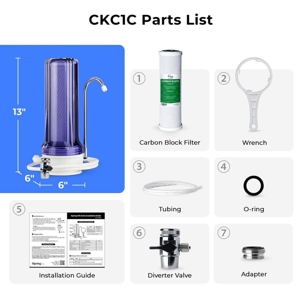 Countertop filter parts kit: carbon block cartridge, tubing, diverter valve, adapter