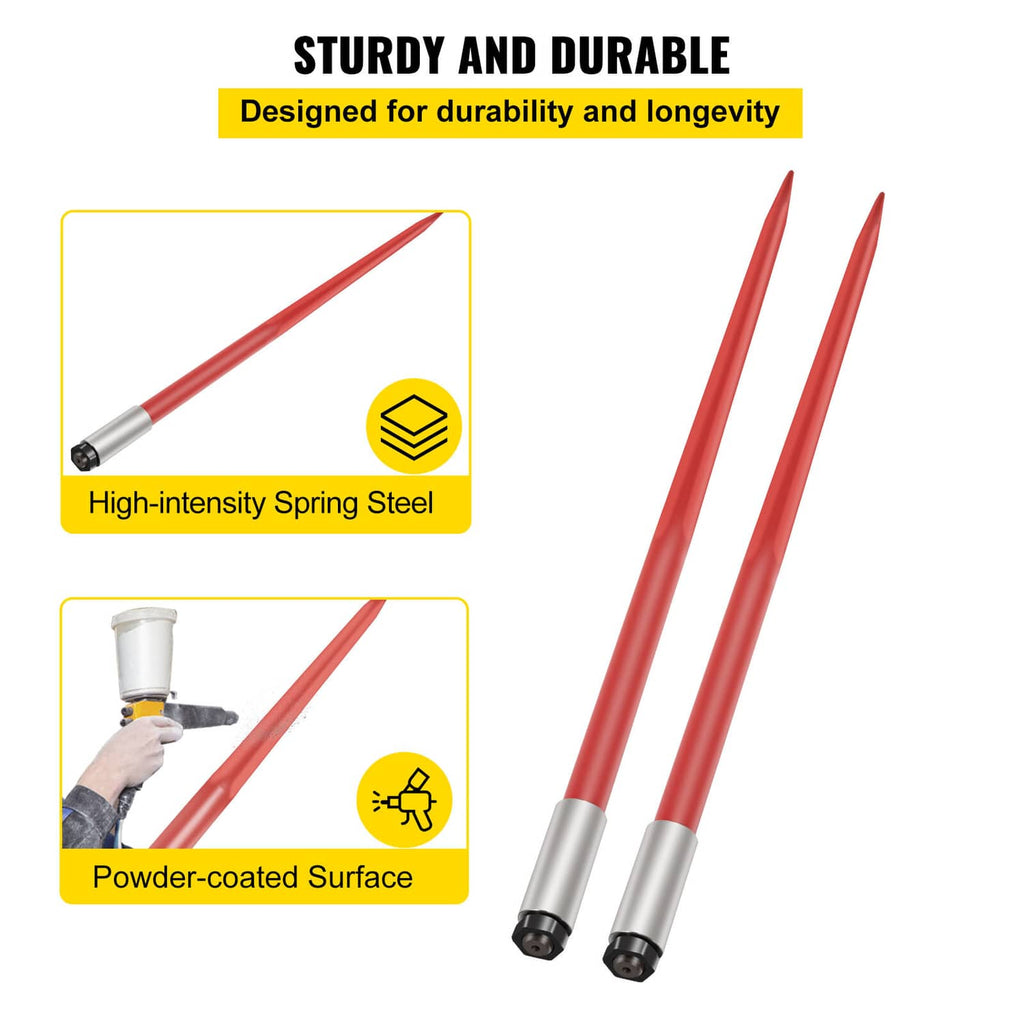 Red hay bale spear prongs with gray steel shanks and pointed ends, durable design