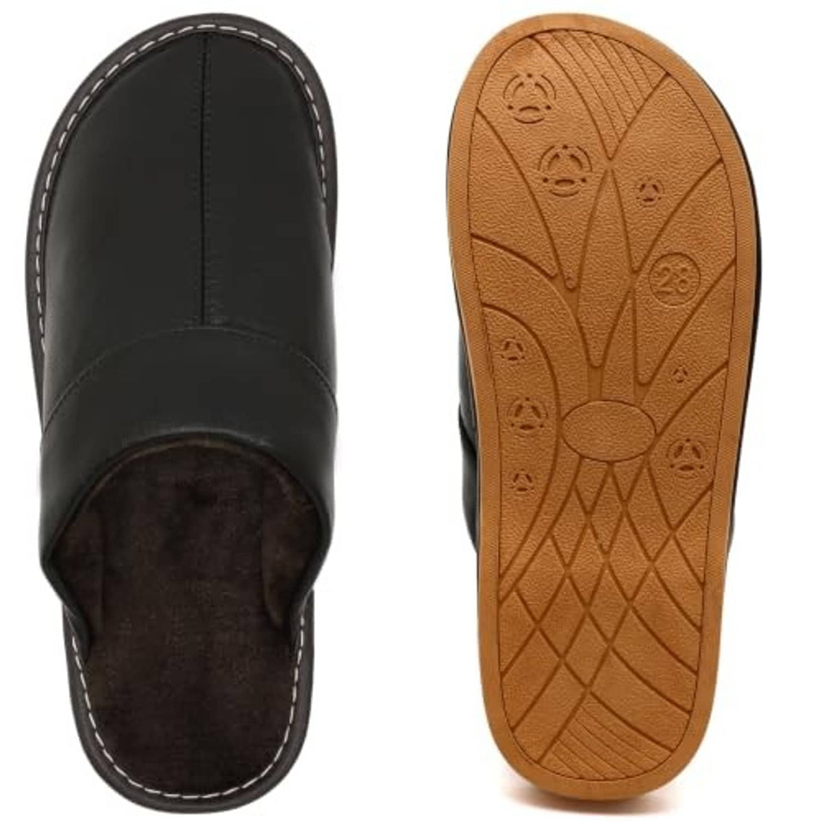 Black leather slippers with fuzzy lining and tan non-slip outsole tread