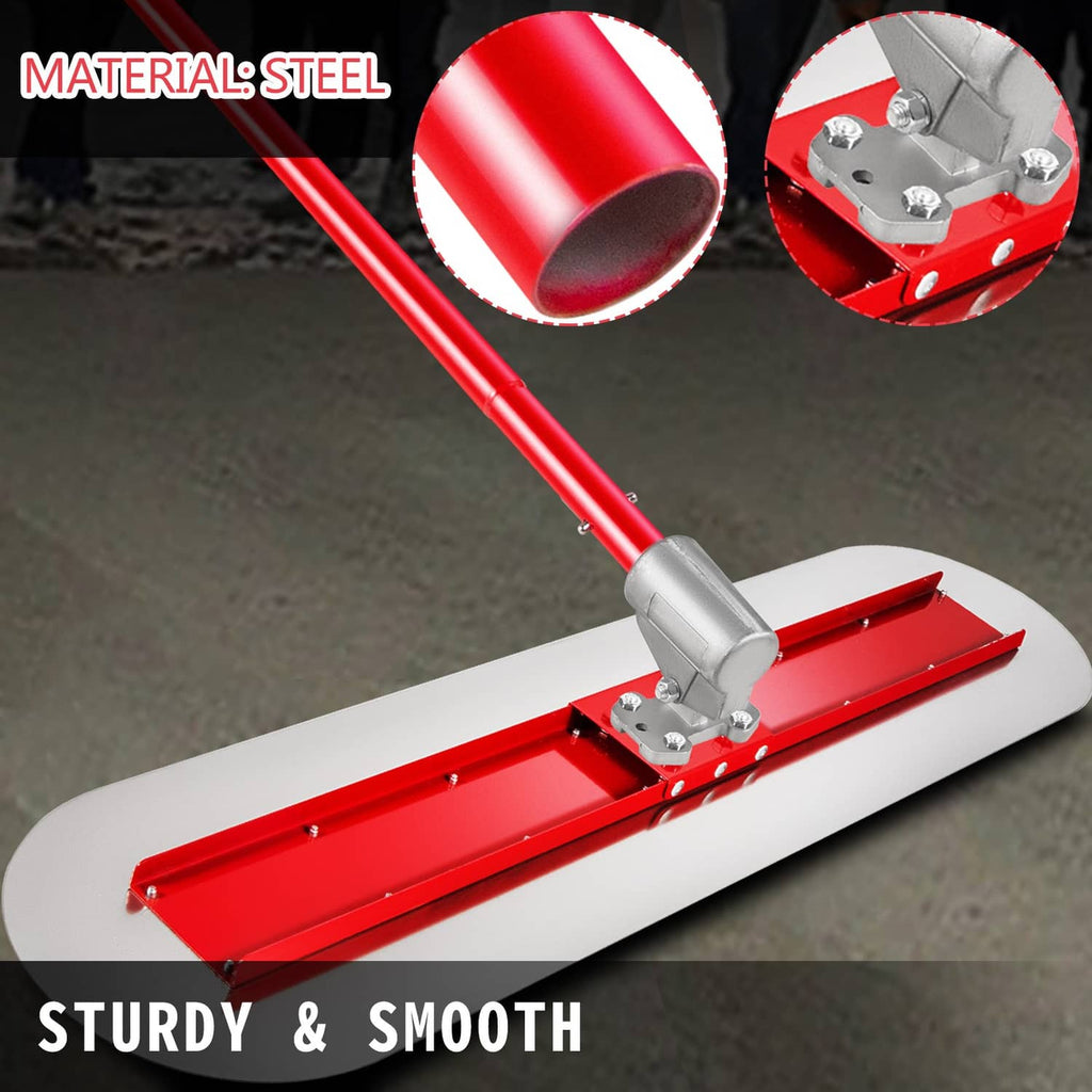 Red-and-gray concrete bull float with metal handle and long smoothing deck