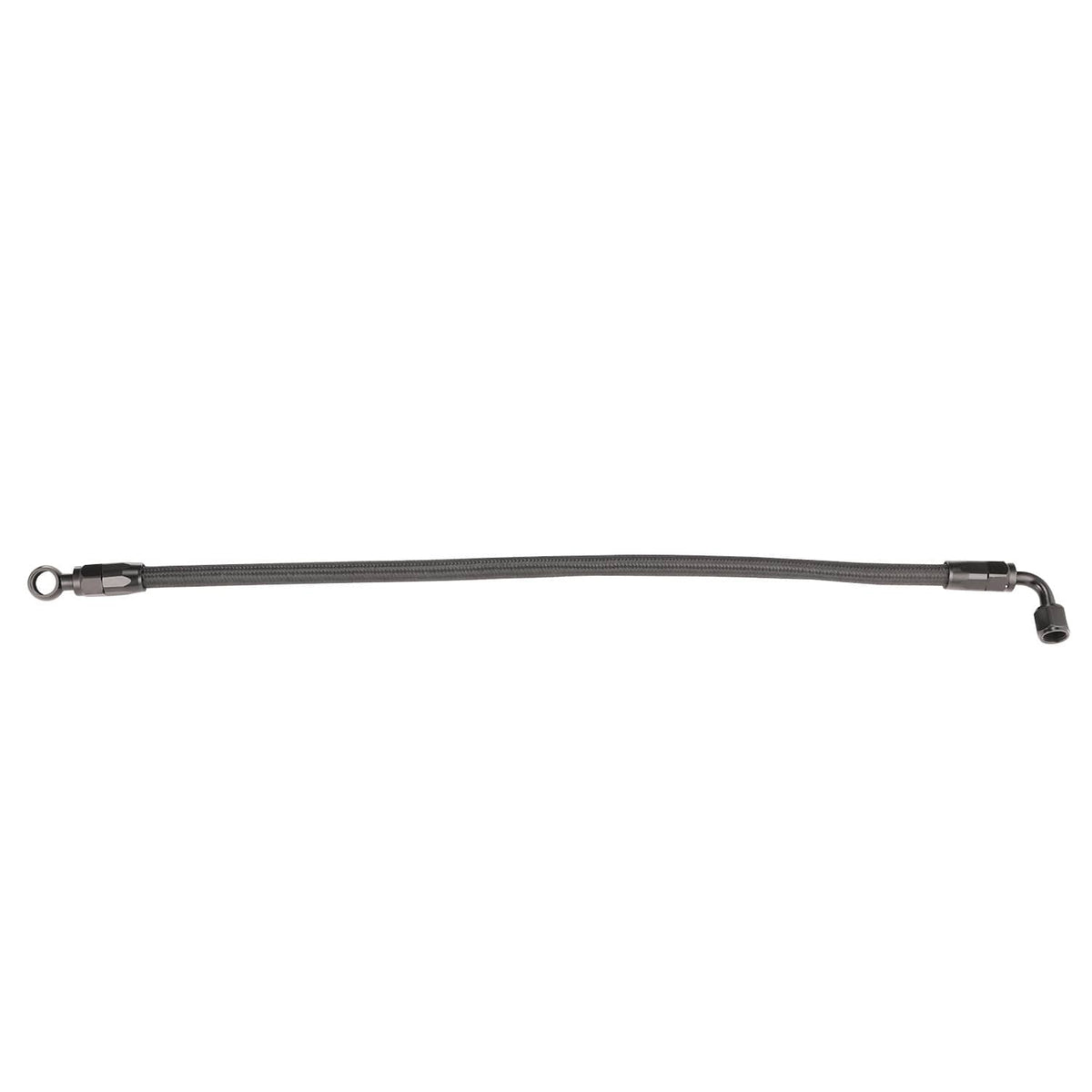 Braided fuel line hose with end eyelet fitting on one side and connector on the other.