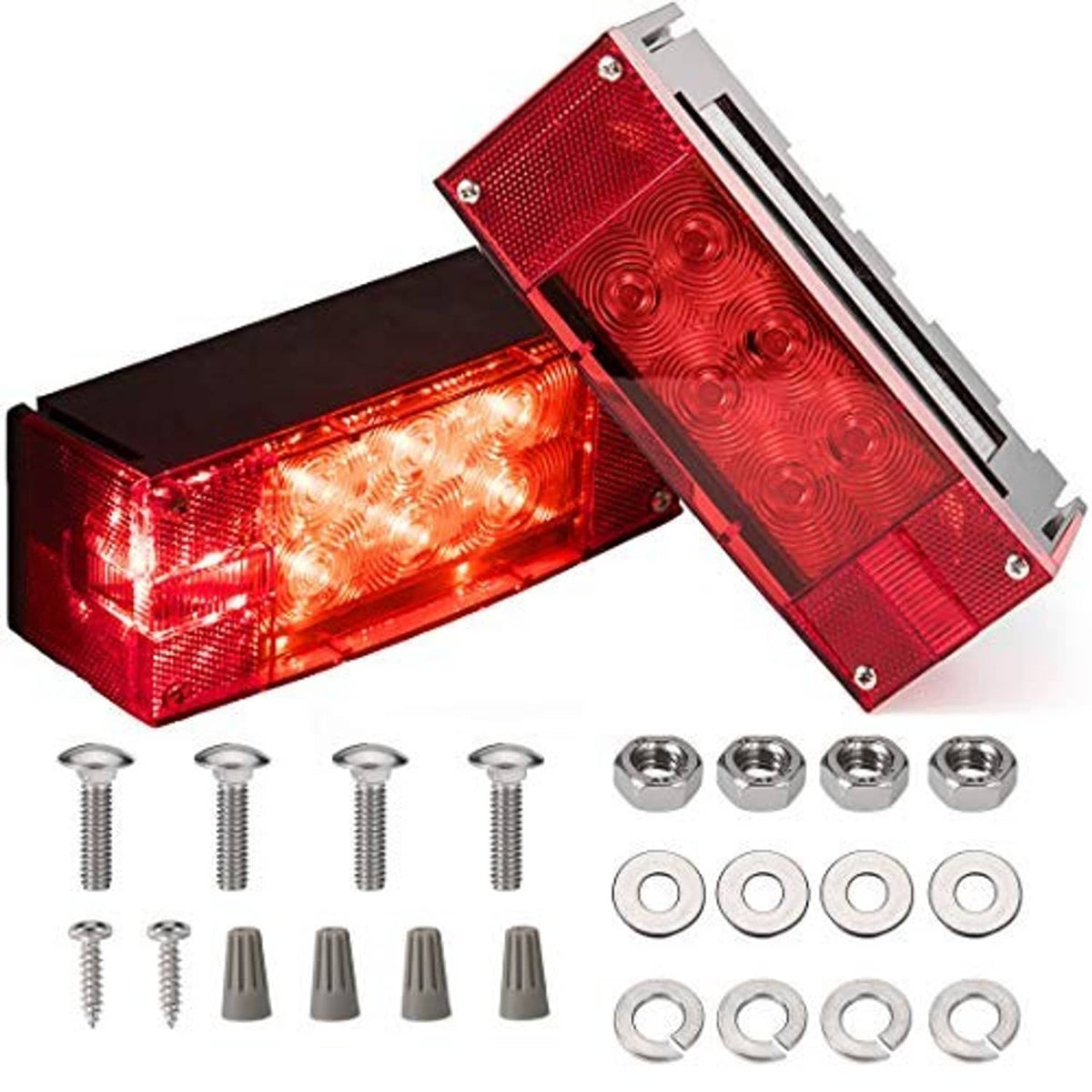 Rectangular red LED trailer tail/stop light pair with hardware kit, screws, and spacers