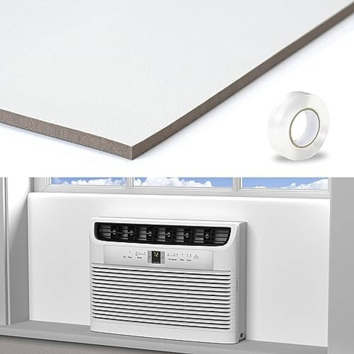 Window air conditioner with white side panels surrounding the unit