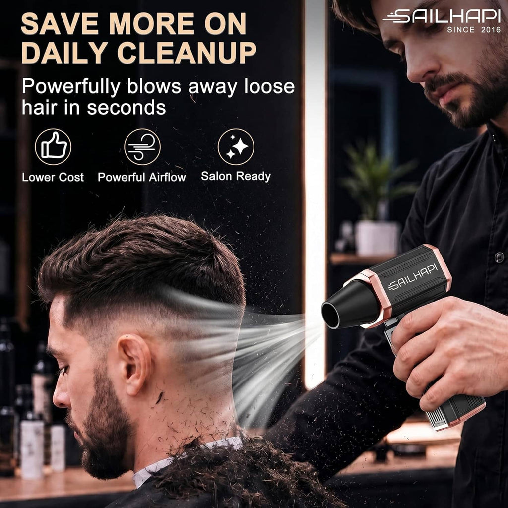 Barber using cordless air duster with airflow toward loose hair