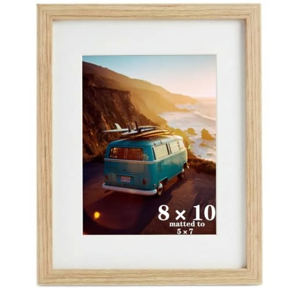 Oak wood 8x10 picture frame with white mat, clear front display window.