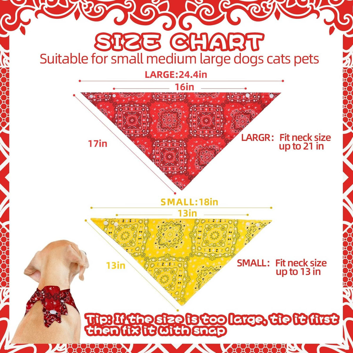 Triangle dog bandana sizing diagram showing small to medium-large neck fit