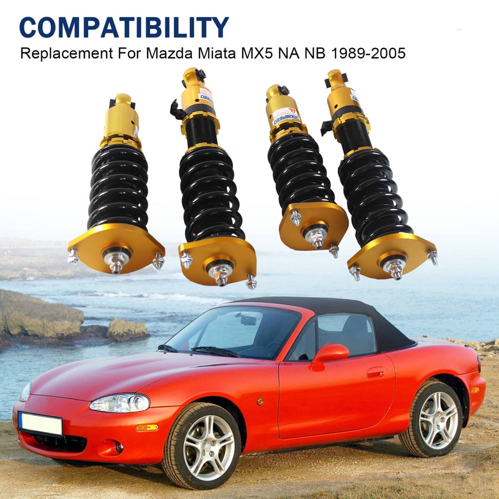 Gold and black coilover shock set with black coil springs, front and rear struts