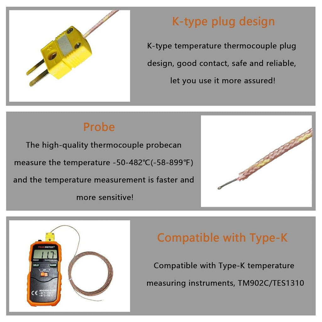 K-type thermocouple probe with yellow plug, diagram of connector design