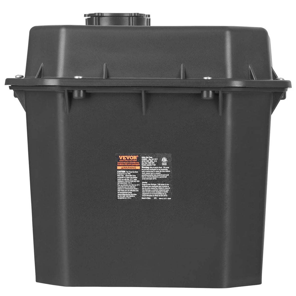 Utility sink drain pump system with rear housing panel and outlet port, dark gray