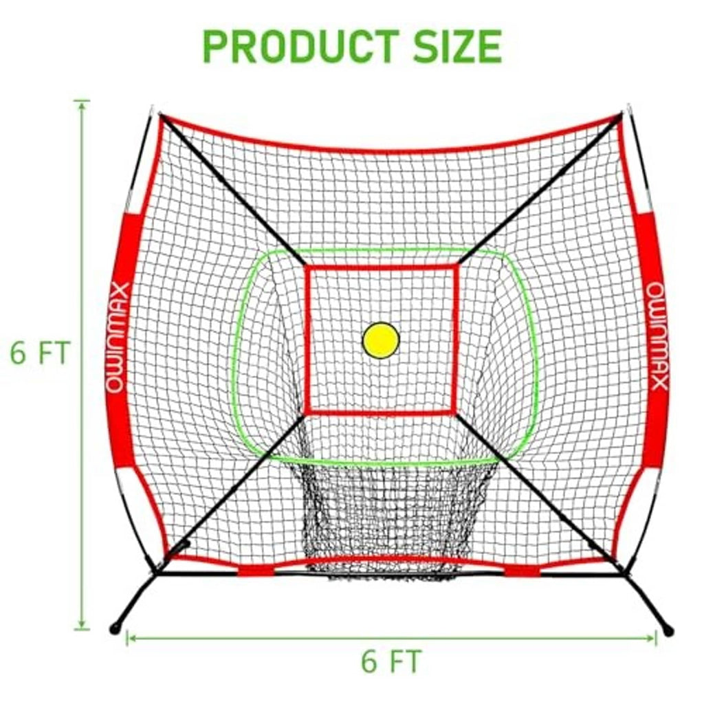 6 FT baseball batting net size diagram with red frame, square target, and tripod base