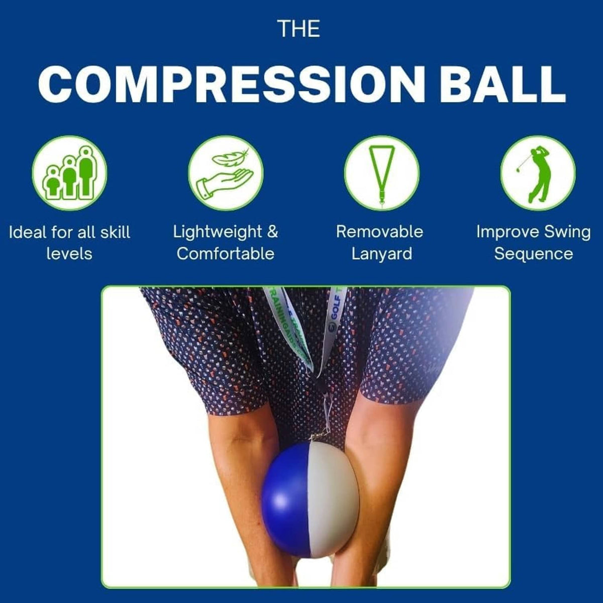 Compression ball golf trainer worn on legs, blue ball with strap