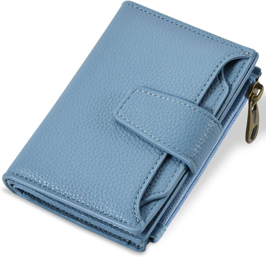Sky-blue compact bifold card holder wallet, textured leather, open pocket and zipper