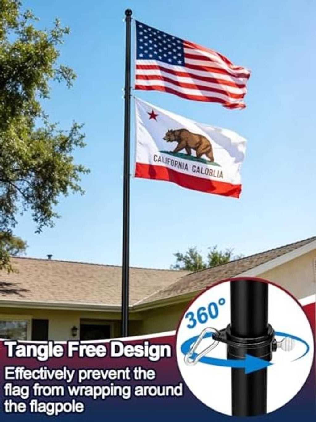 Black in-ground flag pole with two hanging flags and rotating ring connection near base
