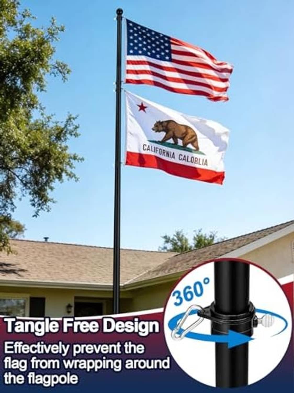 Black in-ground flag pole with two hanging flags and rotating ring connection near base