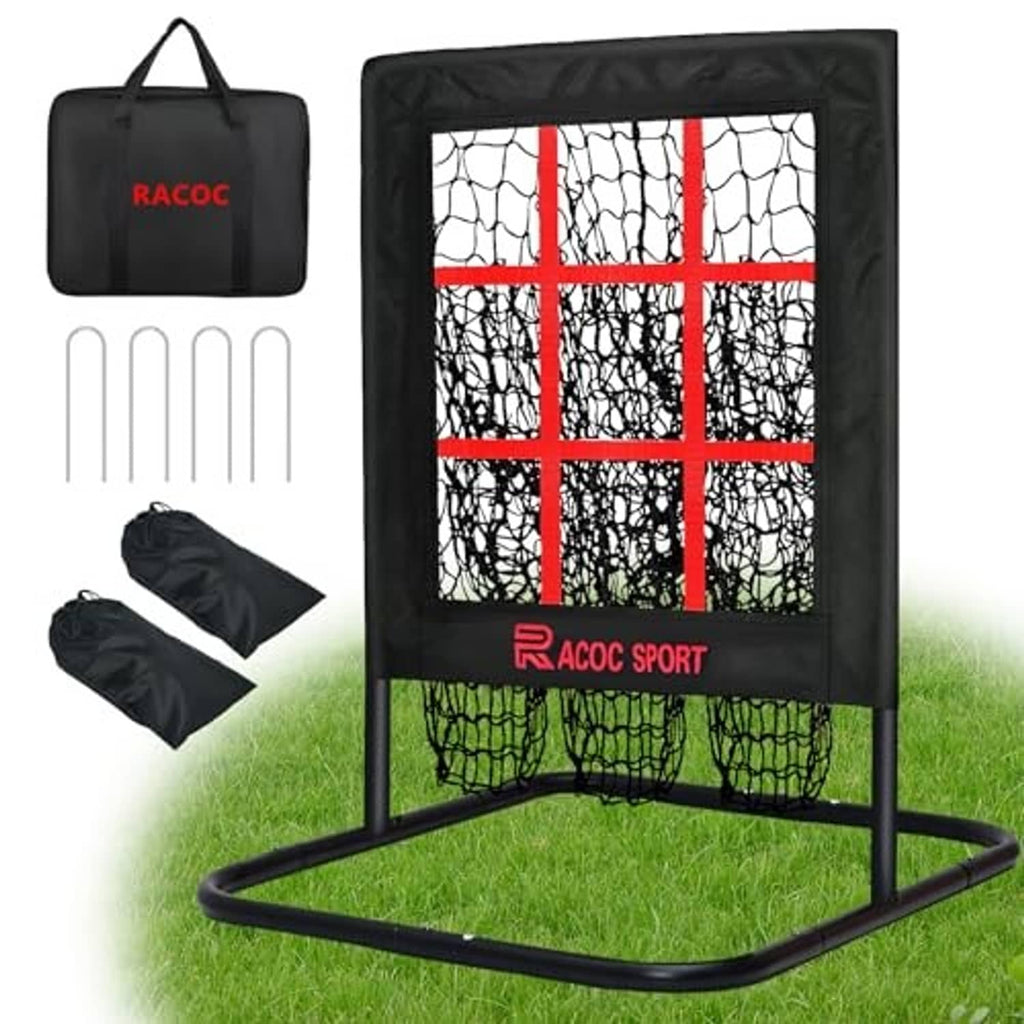 Free-standing baseball pitching net with red strike-zone grid, black frame and wide base.