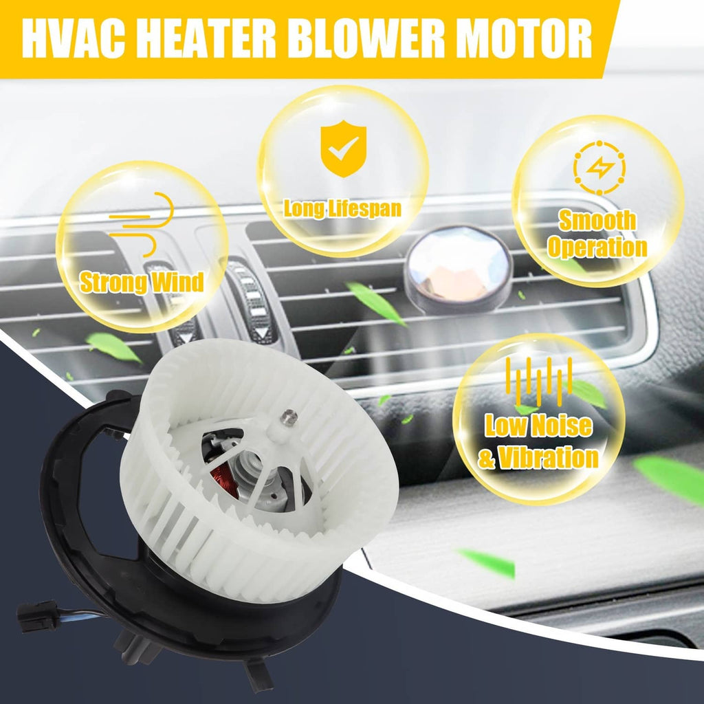 HVAC heater blower motor with white fan wheel and black housing