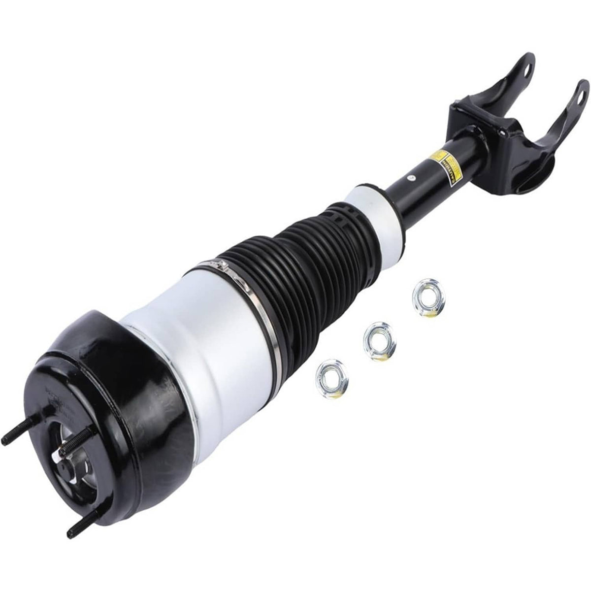 Front air suspension shock strut with white sleeve and black bellow, bracket mount