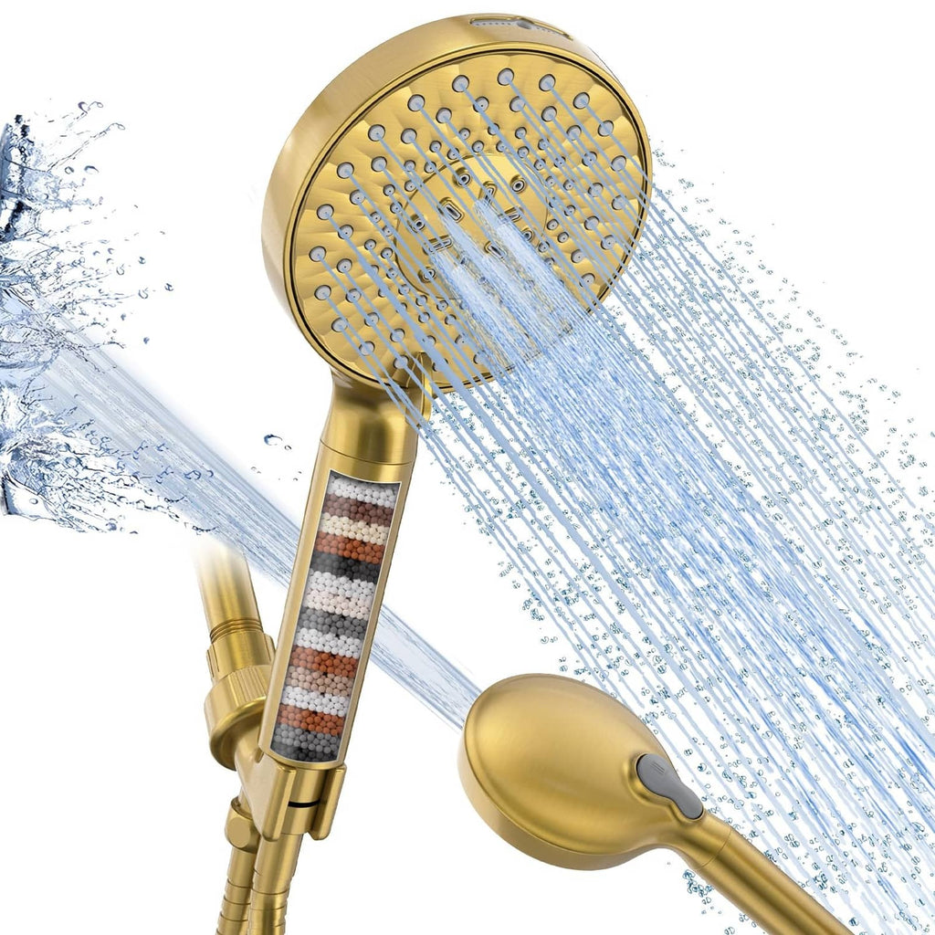 Brushed gold handheld showerhead with filter screen and spray nozzles
