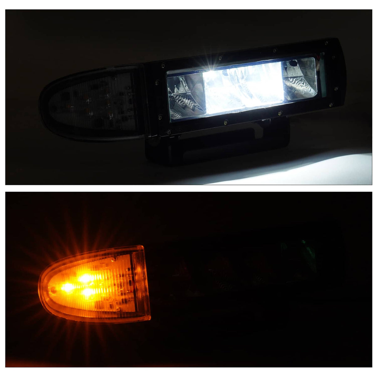 Heated LED plow light illuminated in bright white with amber side light