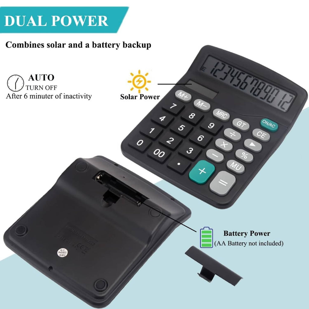 Black dual power desk calculator with keypad and large LCD display