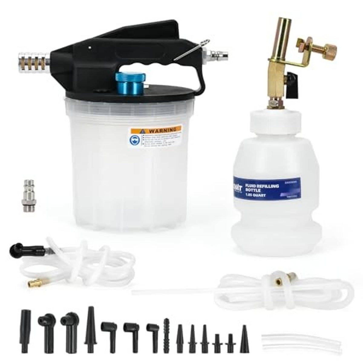 Brake bleeder vacuum pump kit with clear 2L reservoir, refilling bottle, and hoses