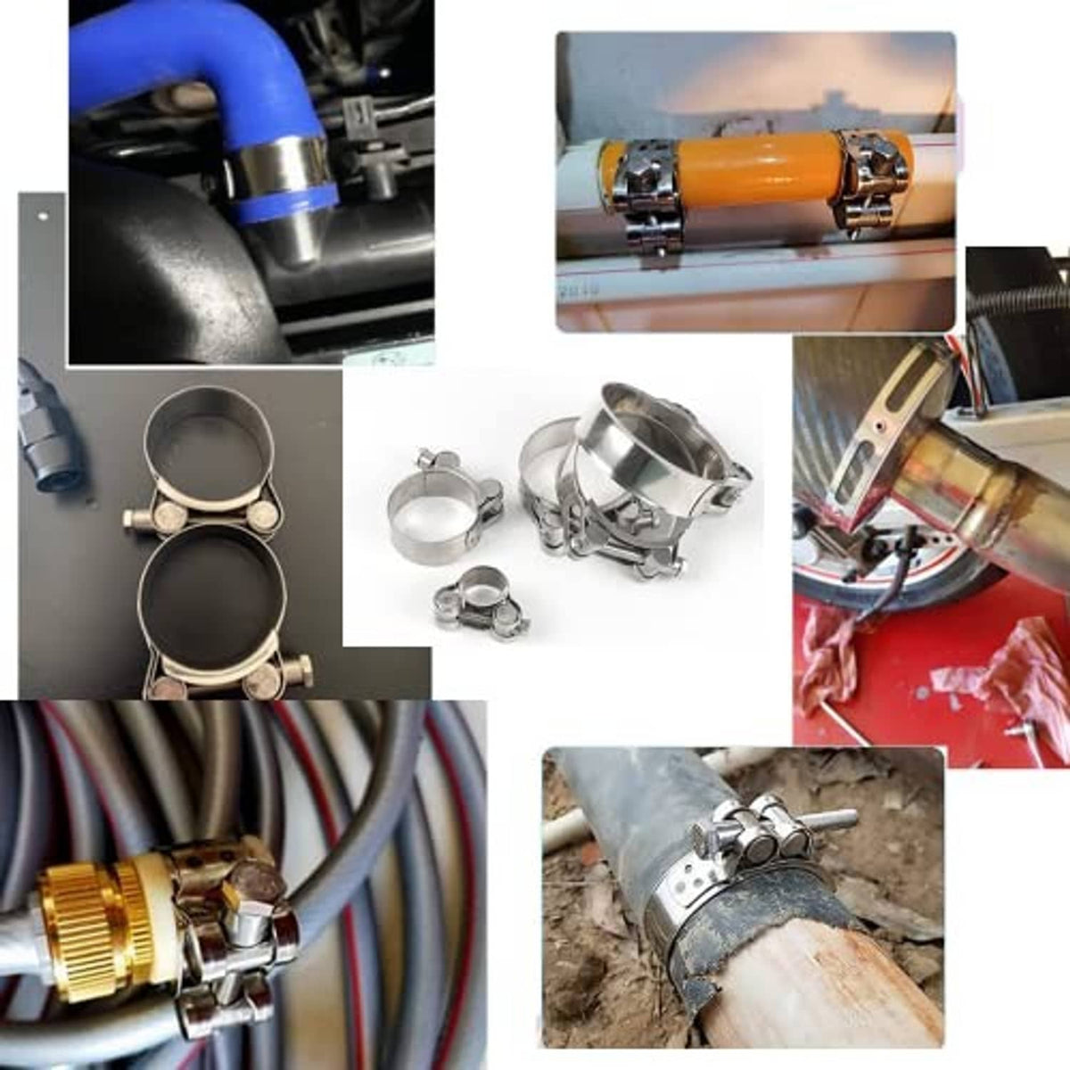 Stainless steel T-bolt hose clamps with mounting hardware and band pieces