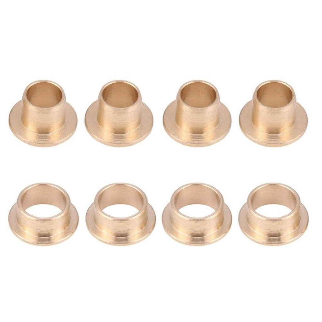 Eight gold-toned door hinge bushings with centered holes for pin fitment