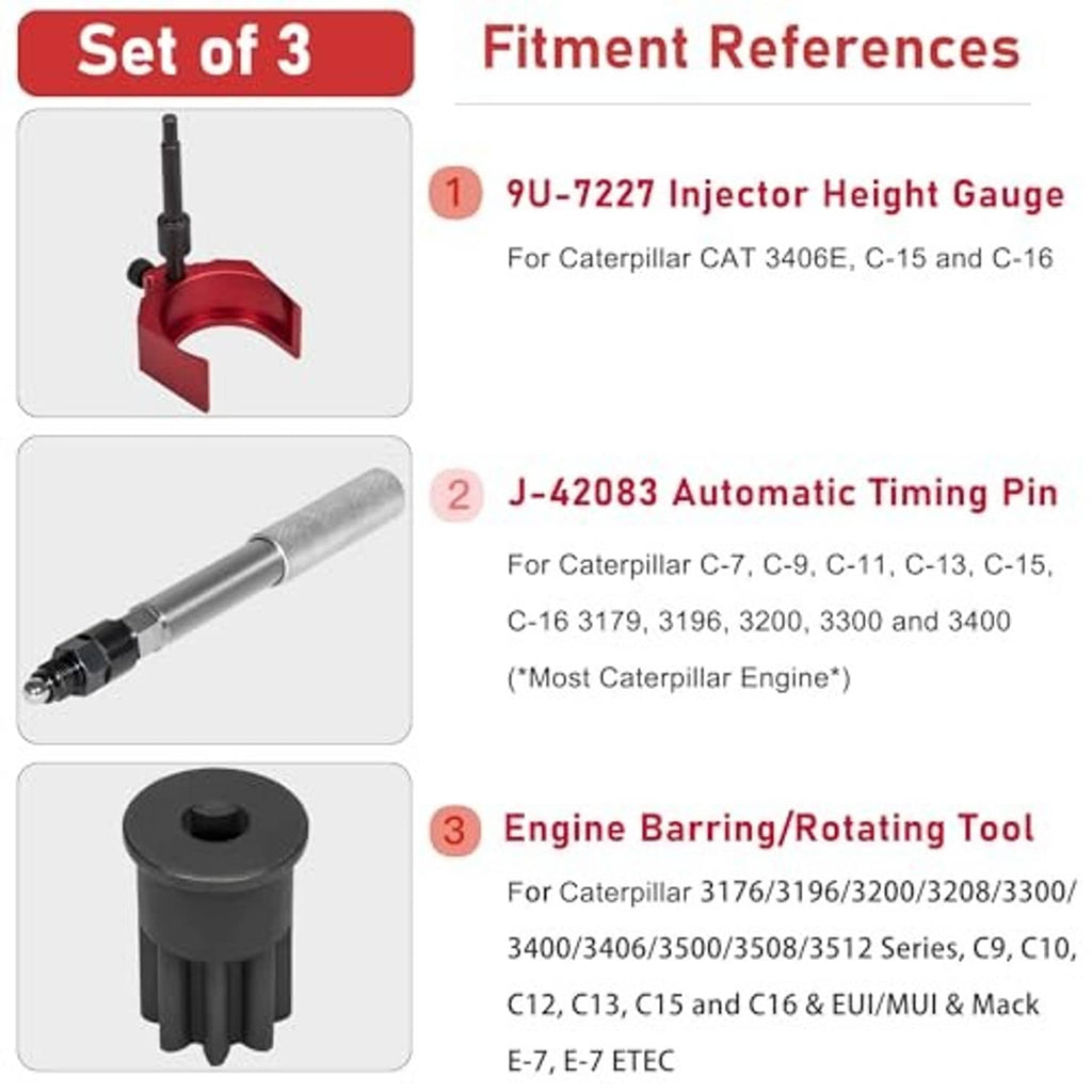Set of timing and injector height tools: gauge, automatic timing pin, socket tool