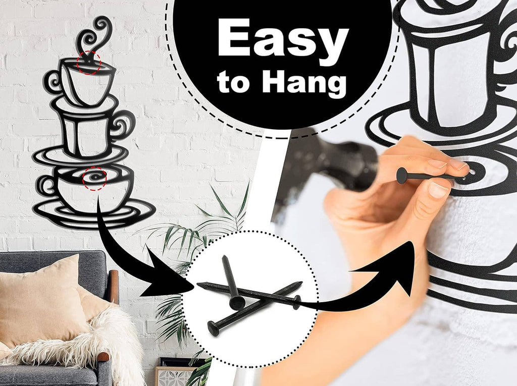 Dark metal coffee cup stack wall art with swirl details, shown with easy-to-hang styling