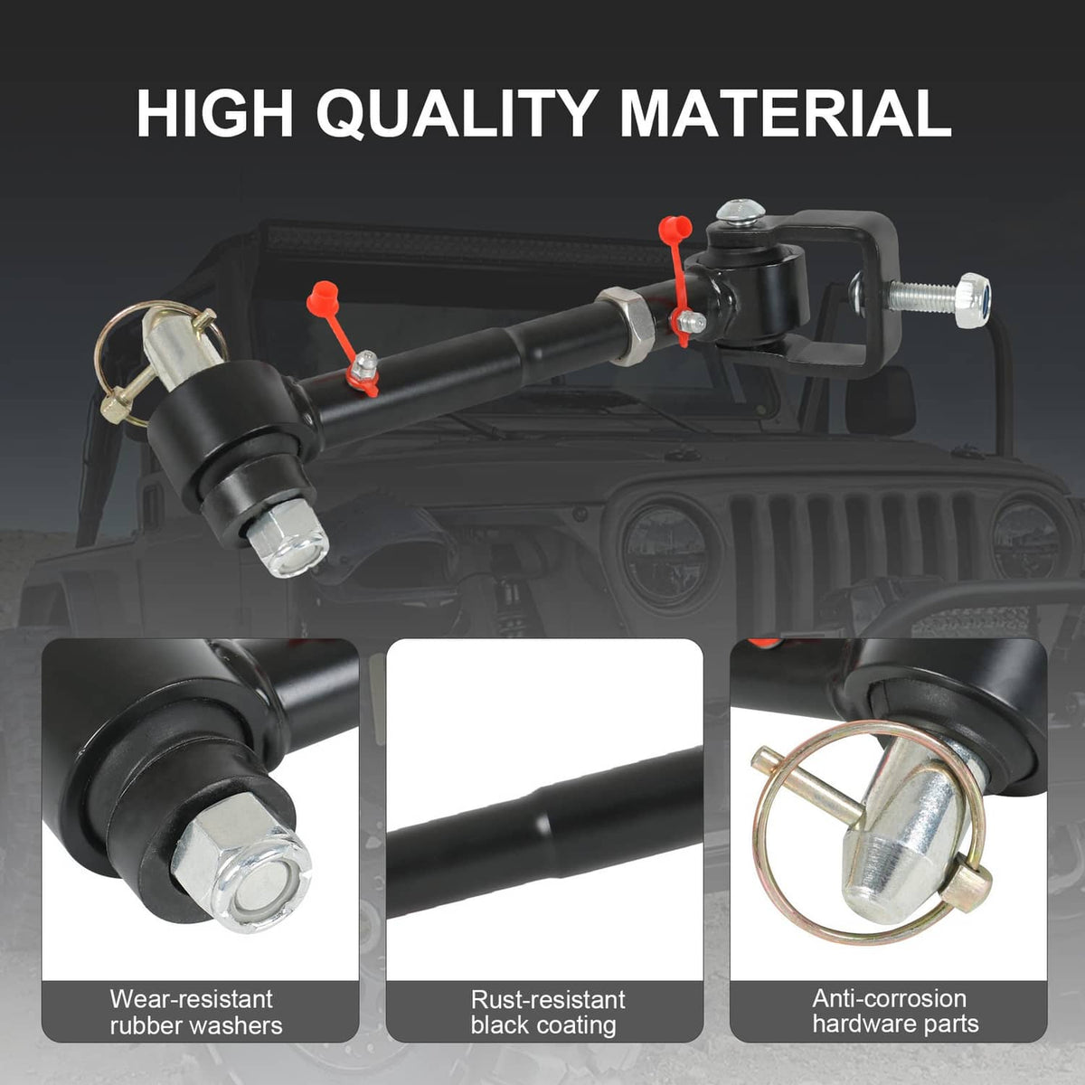 Quick-disconnect sway bar links with rust-resistant hardware and wear-resistant rubber washers