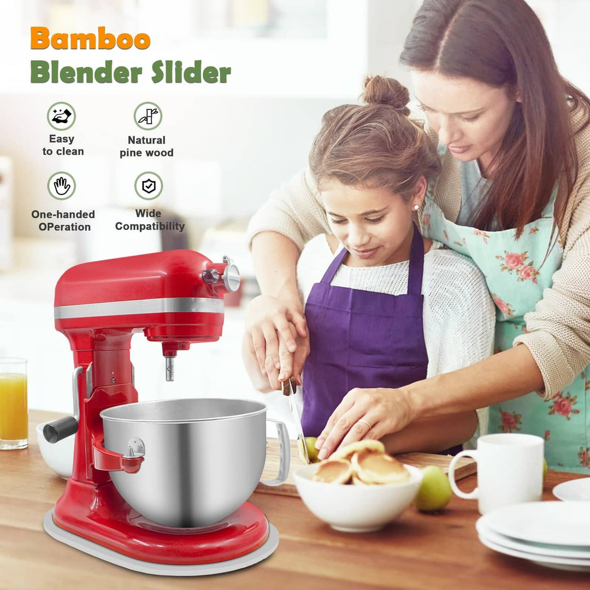 Red stand mixer with white bamboo blender slider panel and mixing bowl