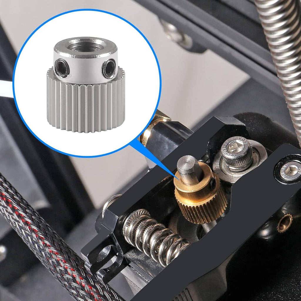 Stainless steel 36-tooth extruder drive gear highlighted on 3D printer assembly