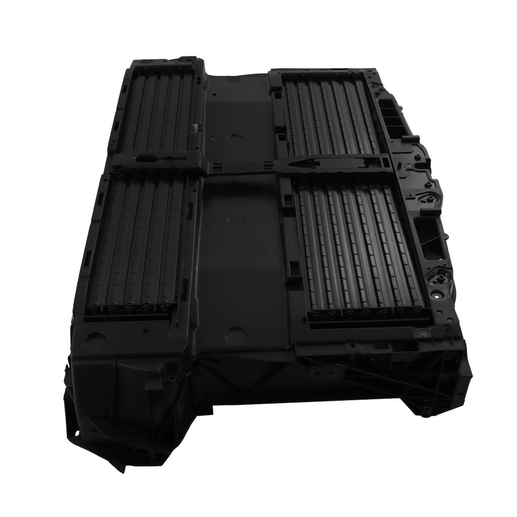 Front bumper air shutter grille housing, black plastic with ribbed vent channels