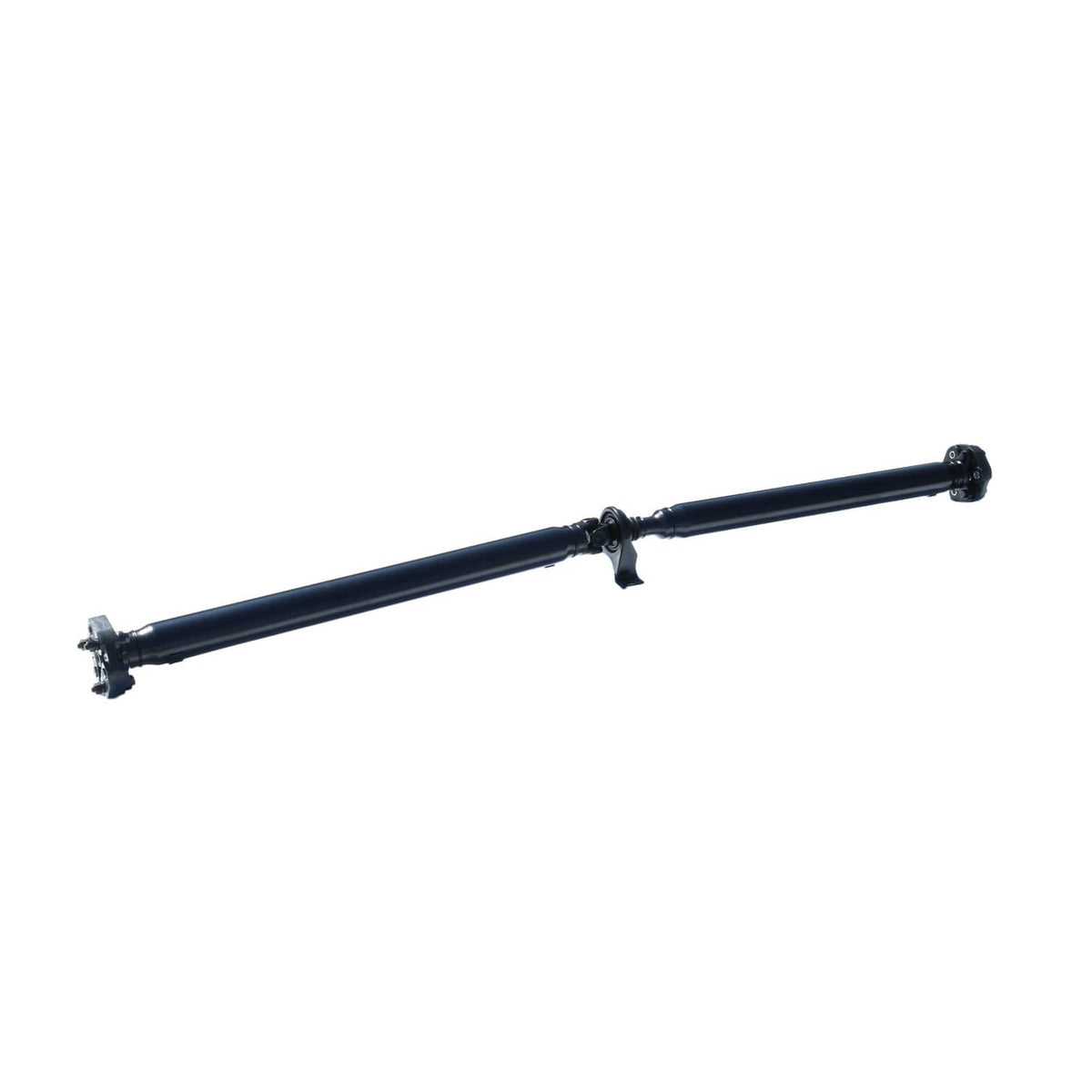 Rear drive shaft extended side view; dark blue tube with center support bracket.