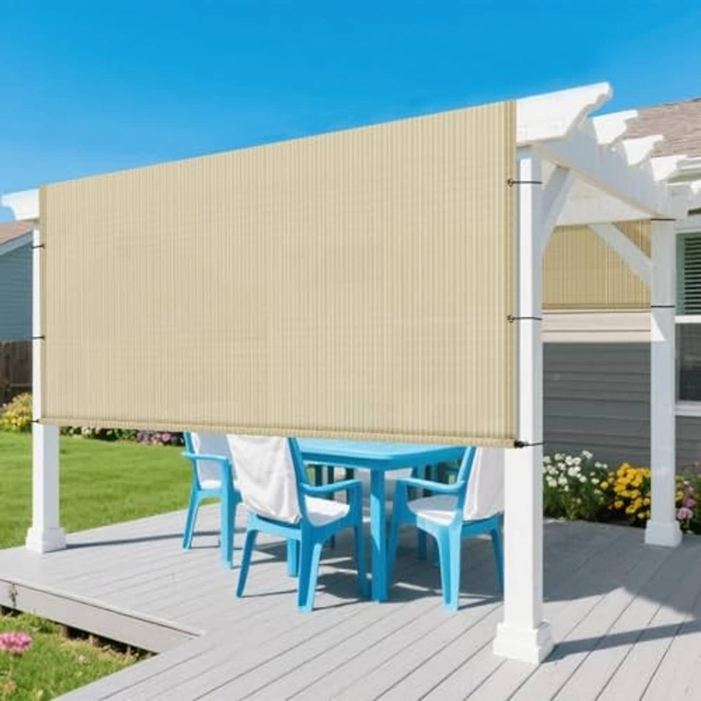 Beige pergola shade canopy panel mounted under a white pergola frame