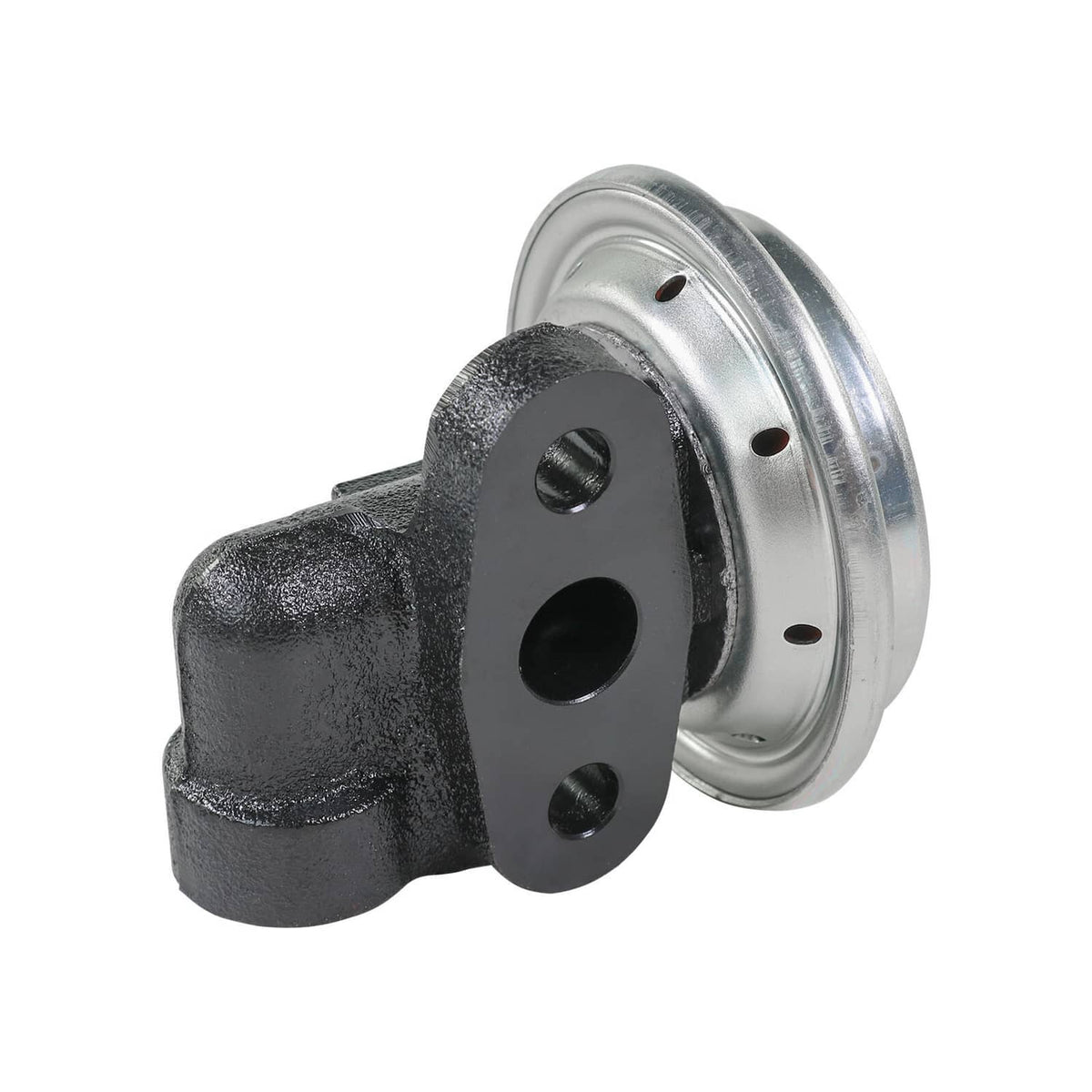 EGR exhaust gas recirculation valve with black cast body and silver canister