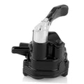 Black thumb throttle with silver metal housing and clear grip on black mount.