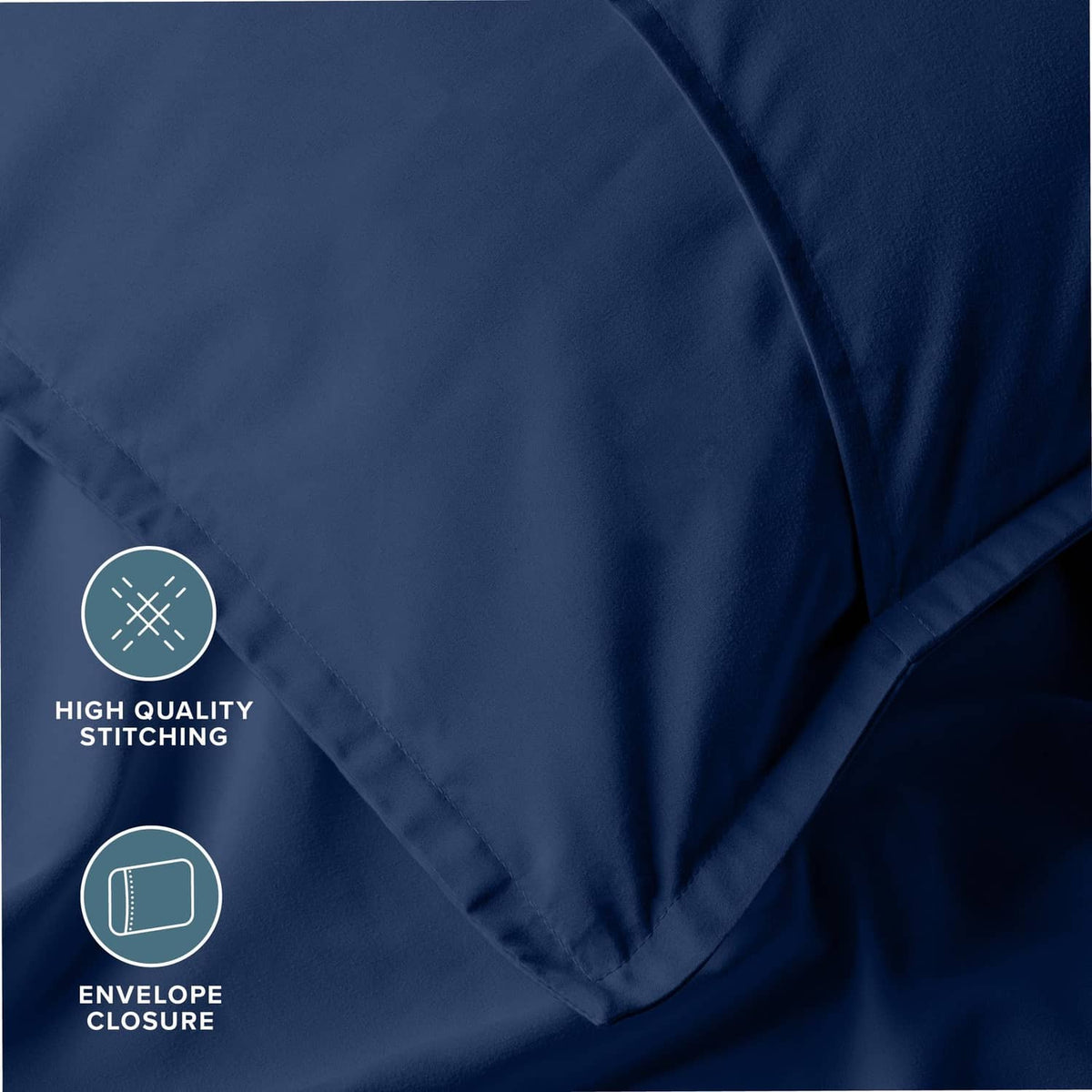Dark blue pillow sham detail with stitched seams and envelope closure flap