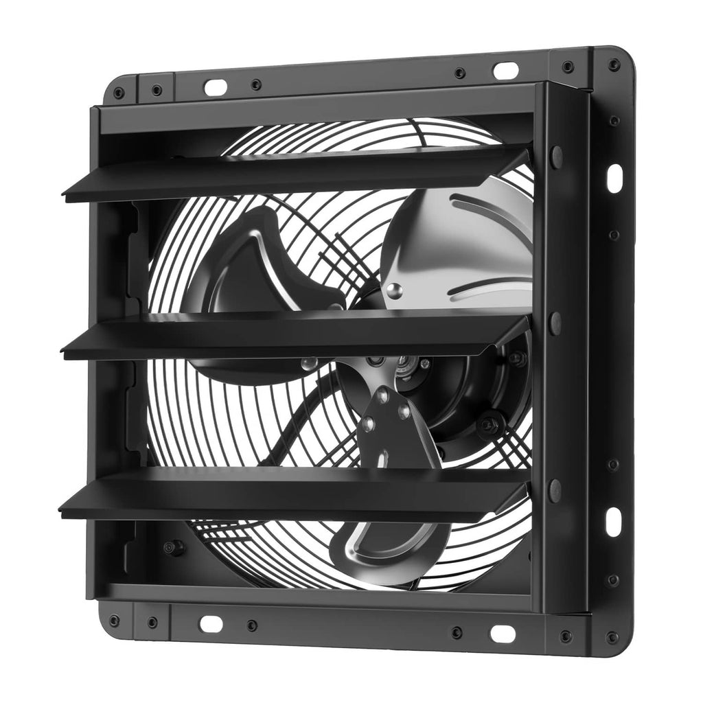 Black wall-mounted exhaust fan with louvered grille and spinning impeller