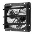 Black wall-mounted exhaust fan with louvered grille and spinning impeller