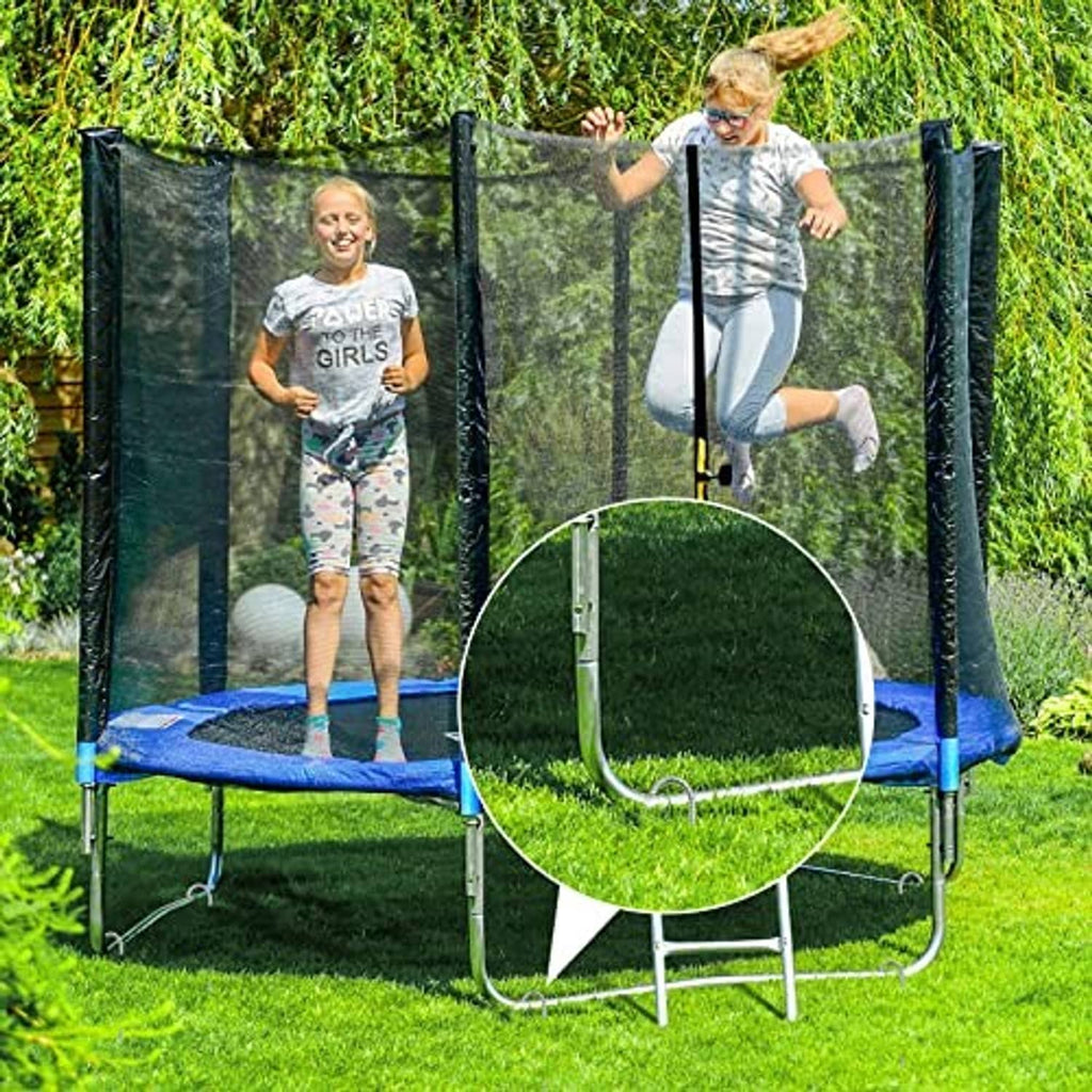Black J hook rebar stakes holding trampoline padding and net cover in place