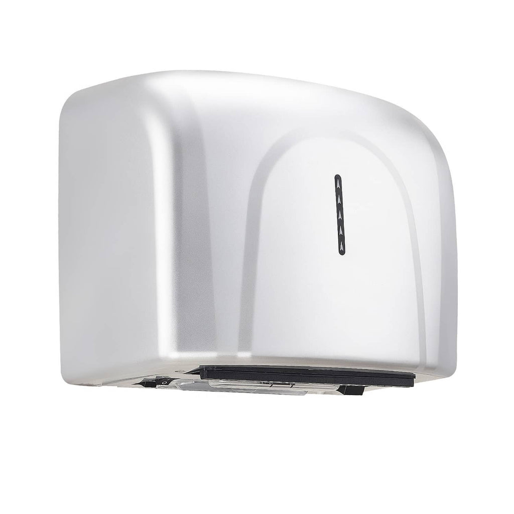 White automatic hand dryer close-up showing bottom intake and filter cover