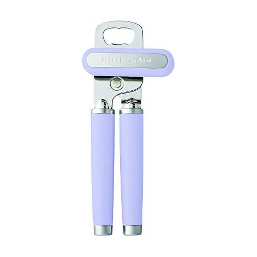 Lavender and cream can opener with dual handles and durable stainless steel head.